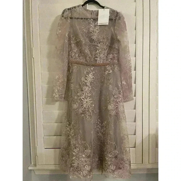 Mac Duggal Midi Dress 10 Beaded Crew Neck Illusion Long Sleeve Pink Rose $598 - Picture 6 of 16